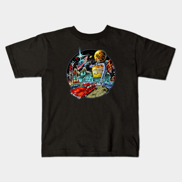 SPACE MOTEL Kids T-Shirt by AMOS_STUDIO